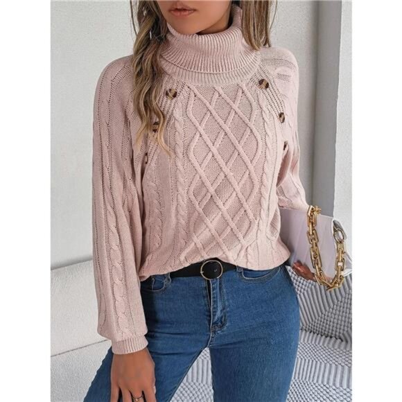 Cable Knit Turtleneck Long Sleeve Sweater - Picture 2 of 16